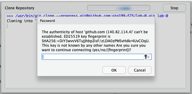 Authenticity of host pop-up window asking to confirm the authenticity of the host. Type 'yes' in the box and hit Enter.