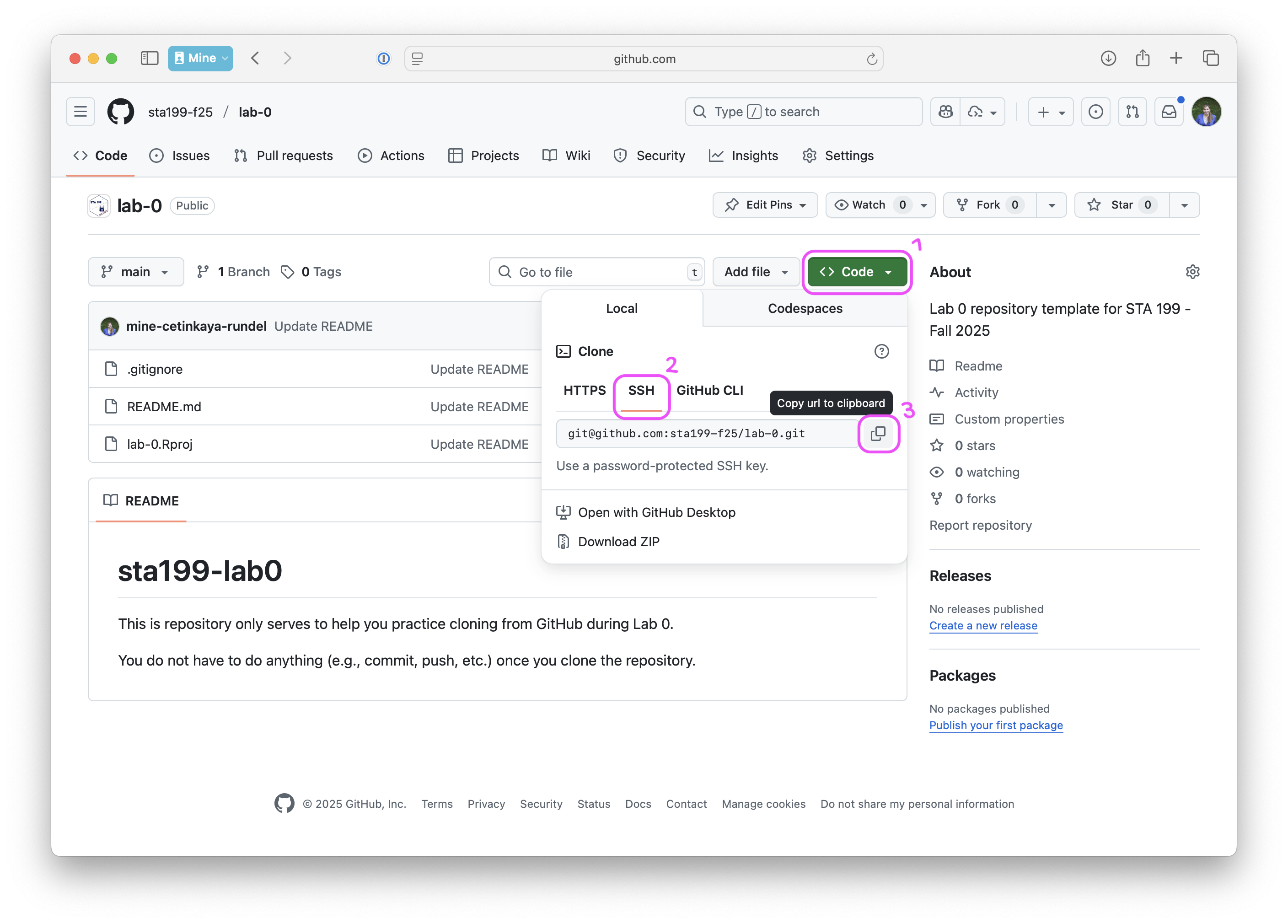 Clone with SSH button in GitHub repository page.